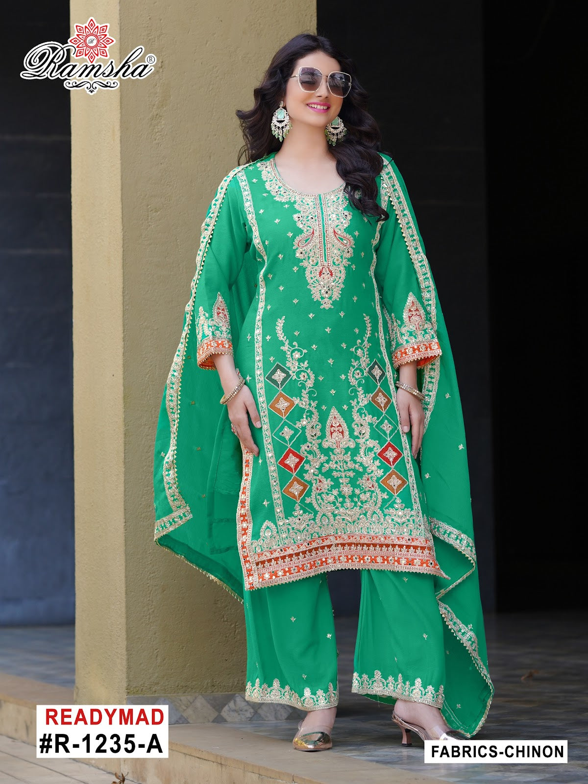 R 1235 Abcd Ramsha Chinon Pakistani Readymade Suits Exporter