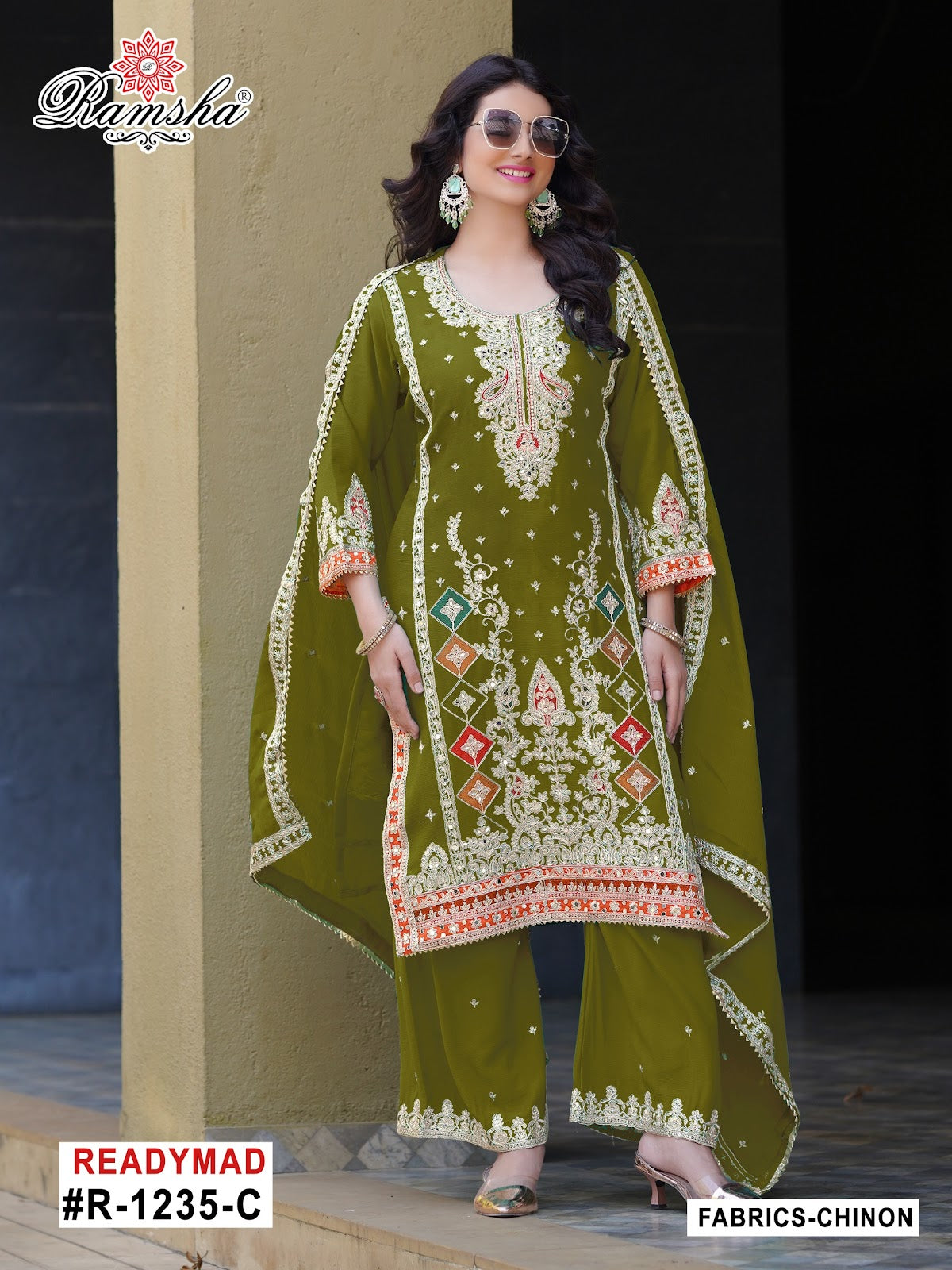 R 1235 Abcd Ramsha Chinon Pakistani Readymade Suits Exporter