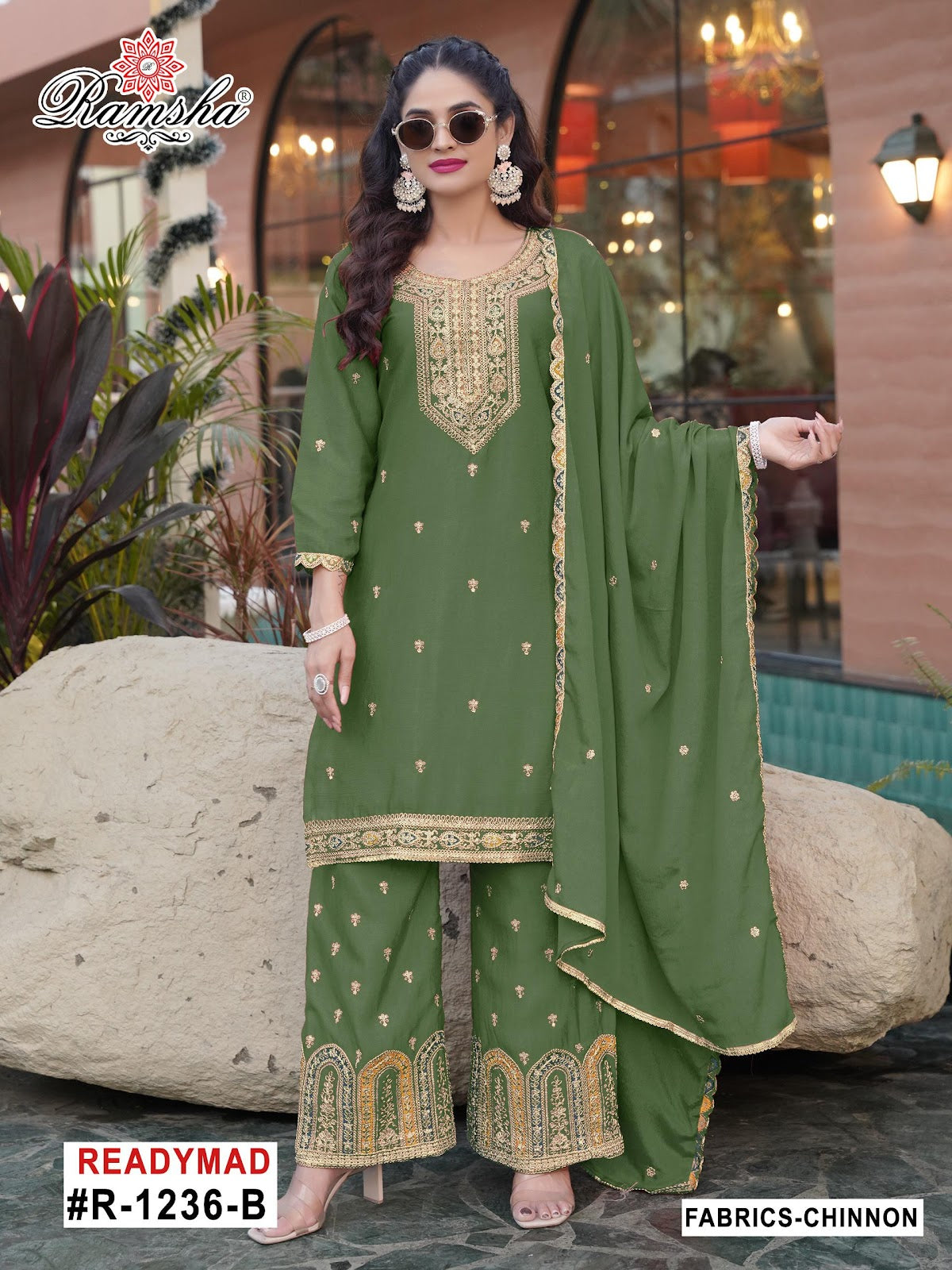 R 1236 Ramsha Chinon Pakistani Readymade Suits Wholesale Price
