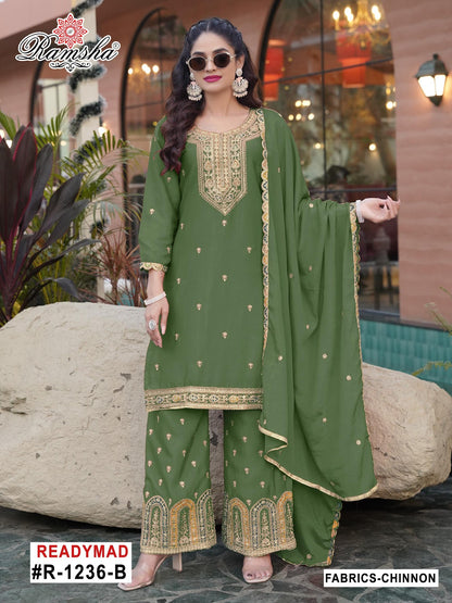 R 1236 Ramsha Chinon Pakistani Readymade Suits Wholesale Price