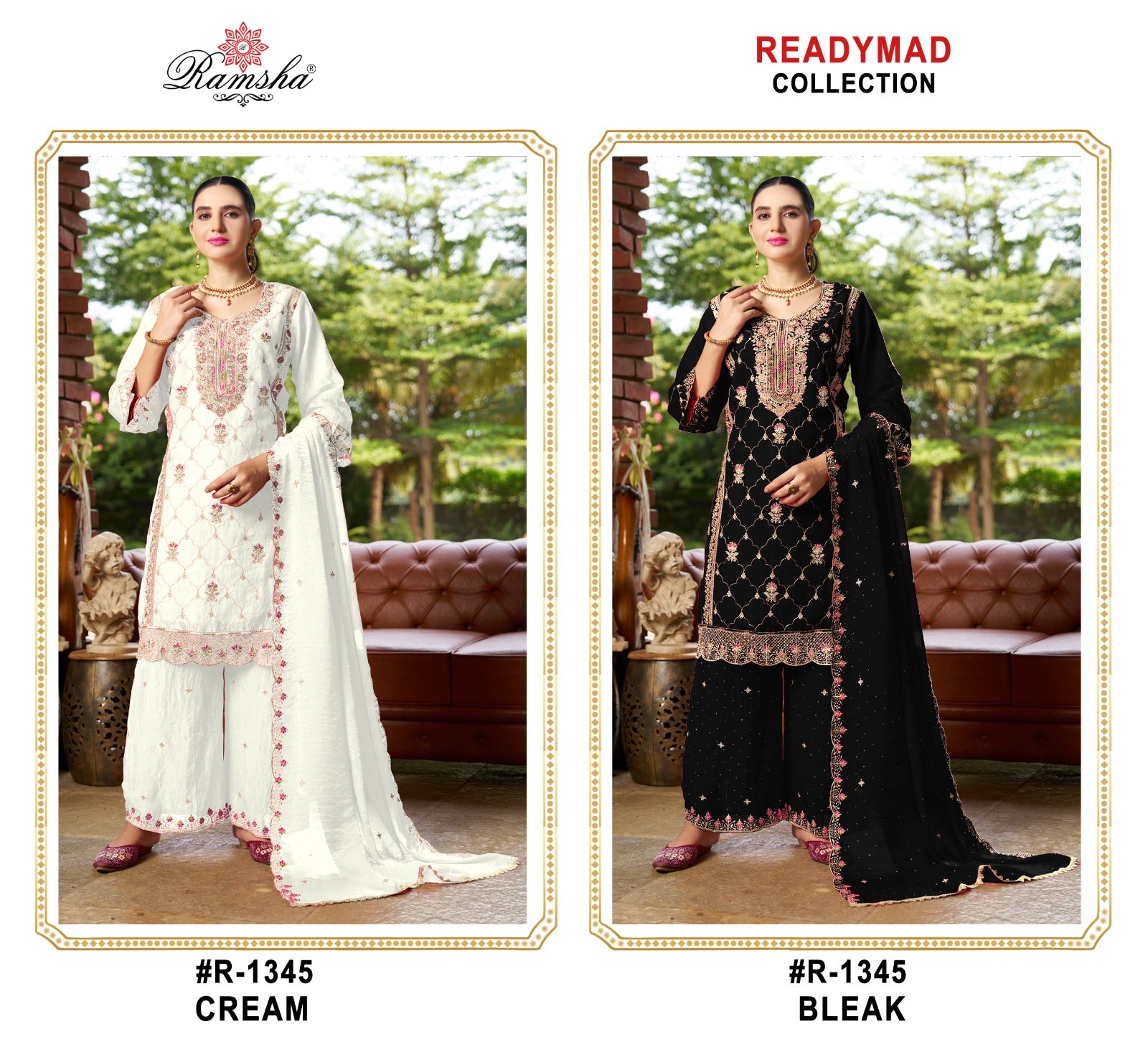 R 1345 Cream Black Ramsha Pakistani Readymade Suits Supplier Ahmedabad