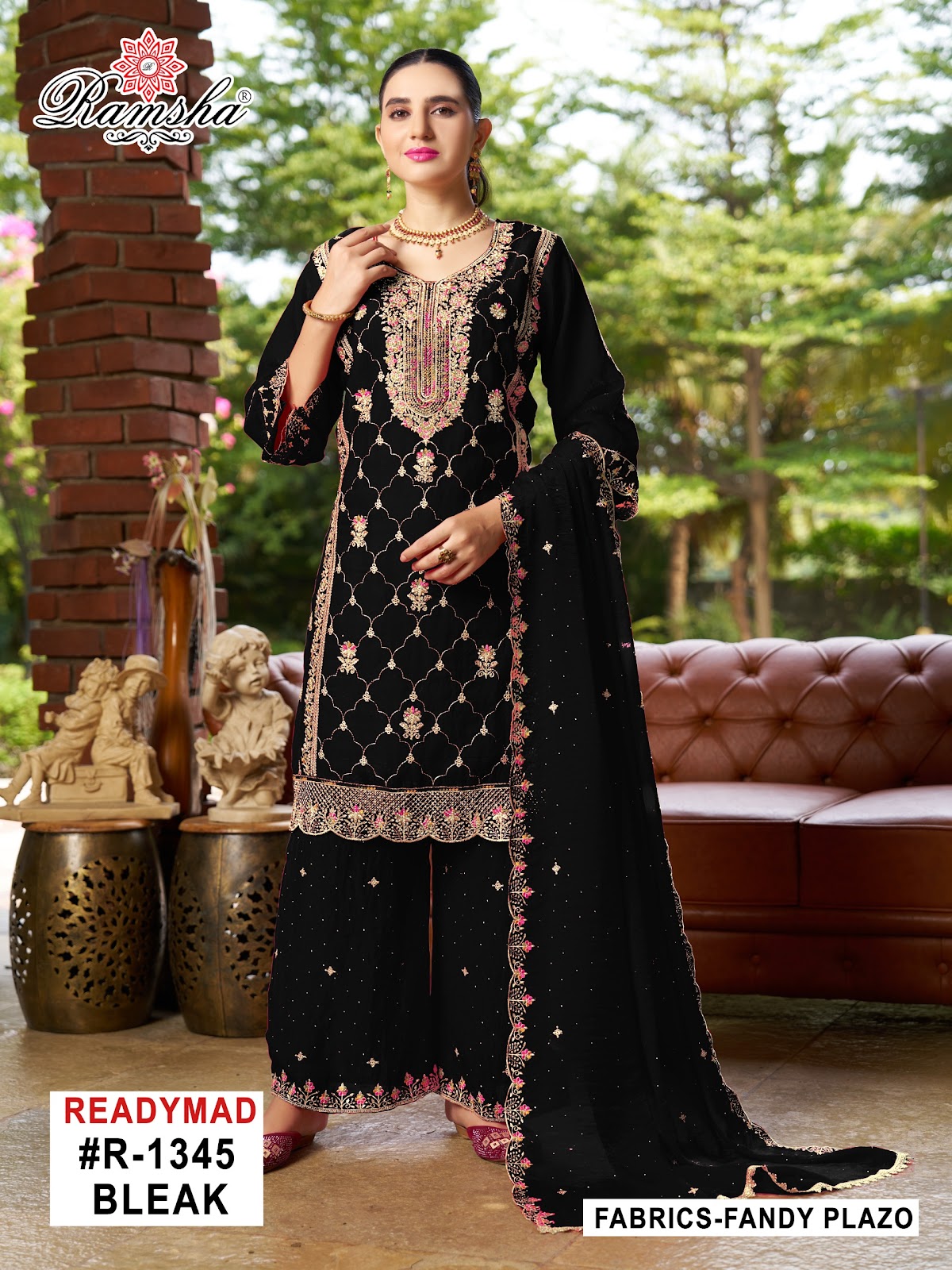 R 1345 Cream Black Ramsha Pakistani Readymade Suits Supplier Ahmedabad