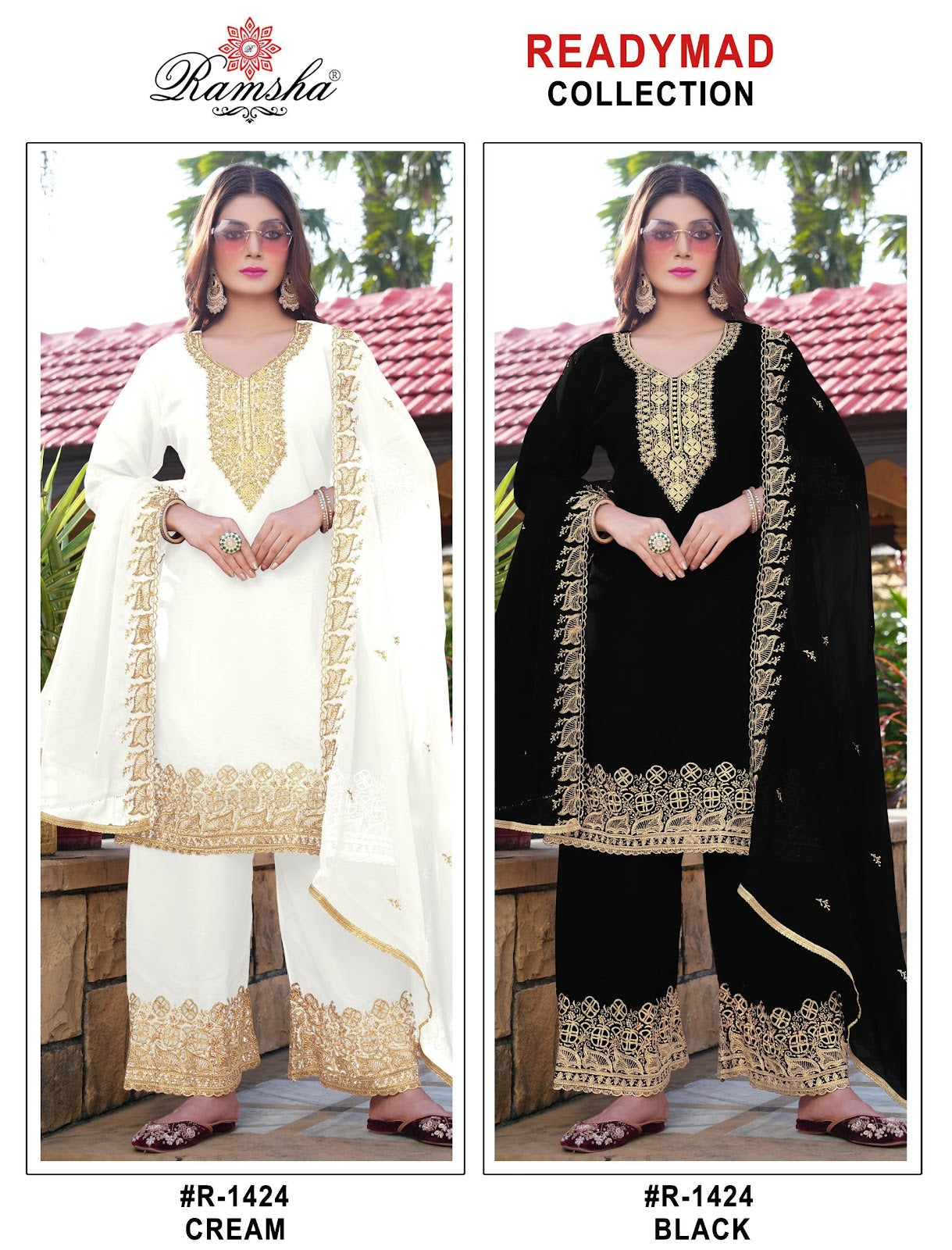 R 1424 Cream Black Ramsha Georgette Pakistani Readymade Suits Wholesale Rate