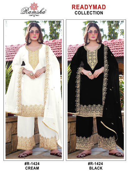 R 1424 Cream Black Ramsha Georgette Pakistani Readymade Suits Wholesale Rate