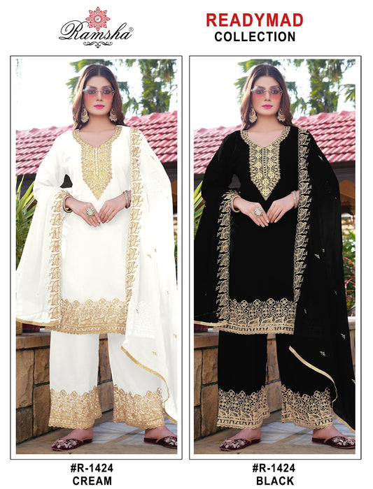 R 1424 Cream Black Ramsha Georgette Pakistani Readymade Suits Wholesale Rate