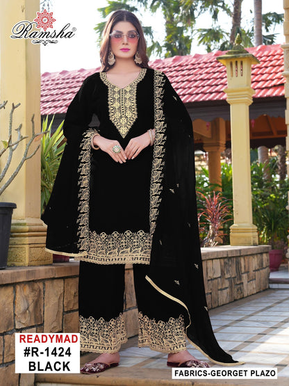 R 1424 Cream Black Ramsha Georgette Pakistani Readymade Suits Wholesale Rate