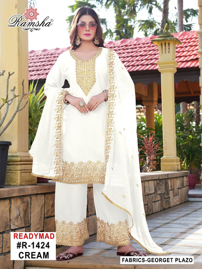 R 1424 Cream Black Ramsha Georgette Pakistani Readymade Suits Wholesale Rate