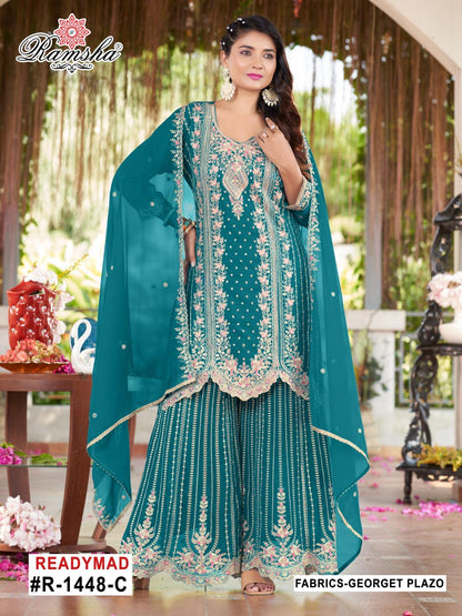 R 1448 Ramsha Georgette Pakistani Readymade Suits Wholesaler Ahmedabad