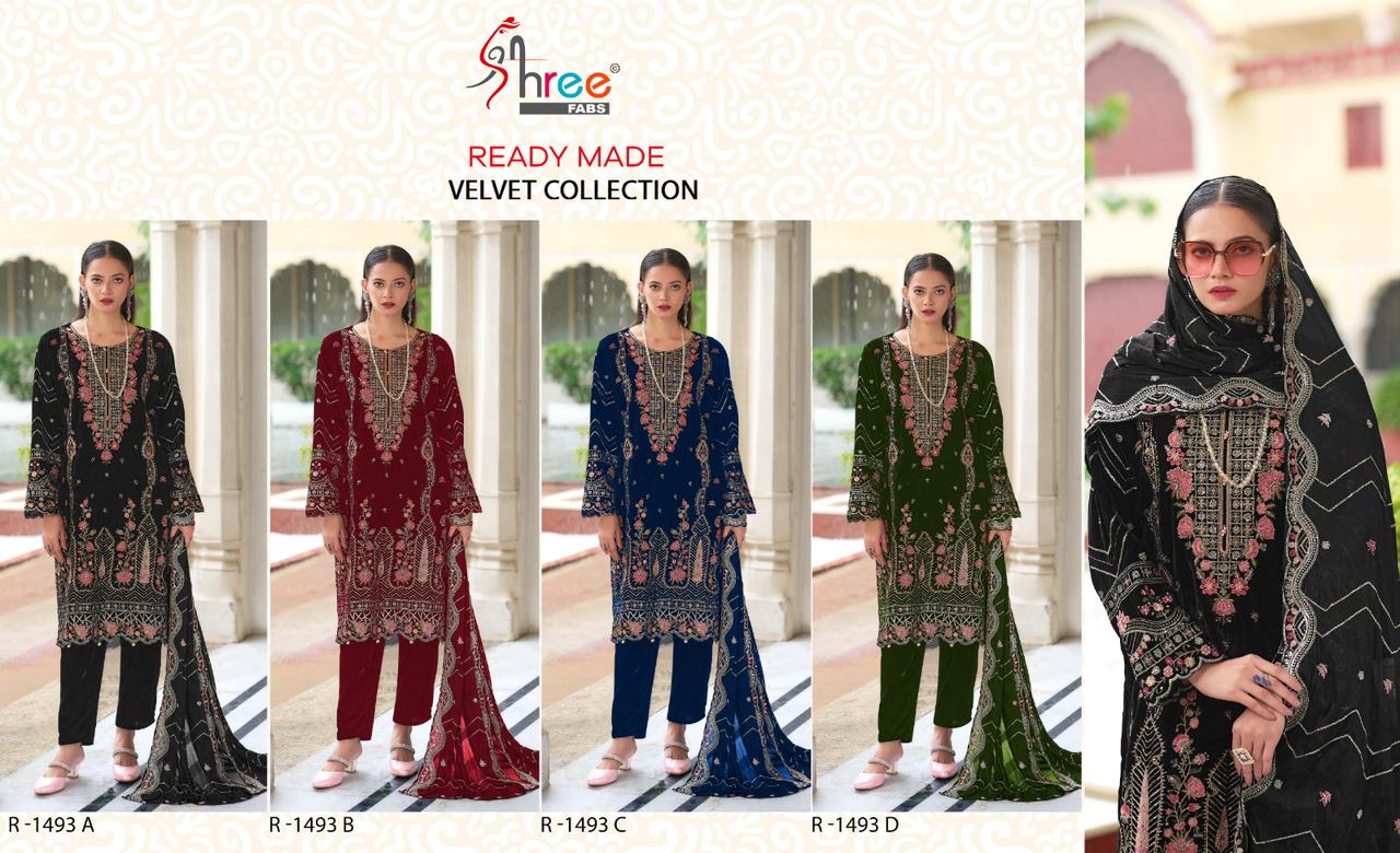 R 1493 Shree Fabs Readymade Velvet Suits Supplier