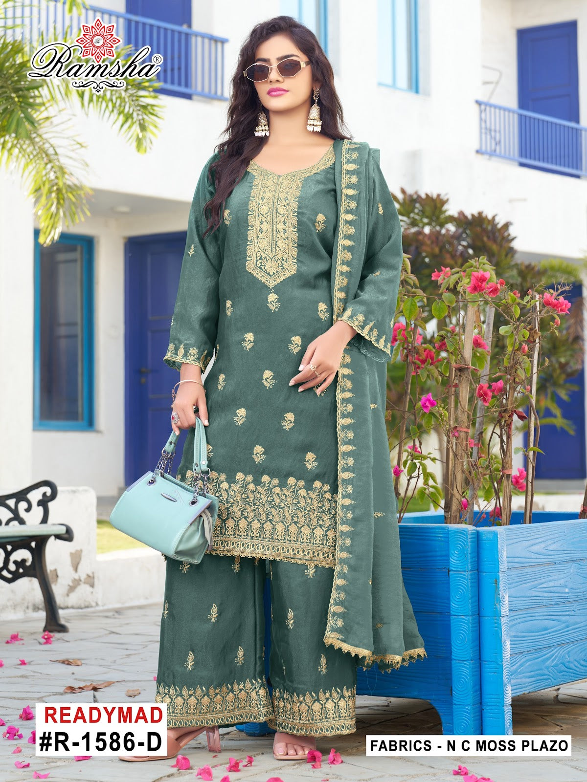 R 1586 Ramsha Nc Moss Pakistani Readymade Suits Supplier Gujarat