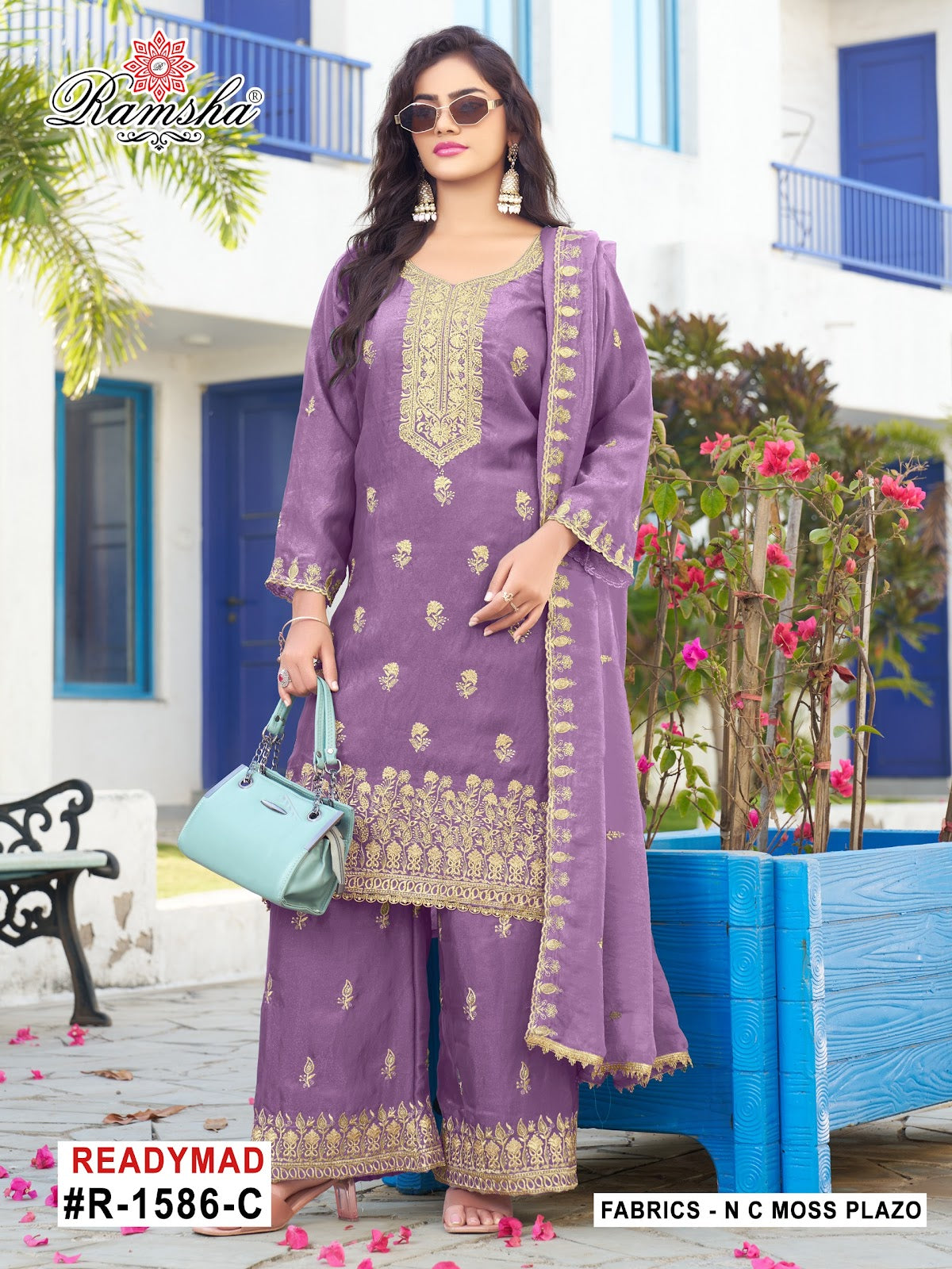 R 1586 Ramsha Nc Moss Pakistani Readymade Suits Supplier Gujarat