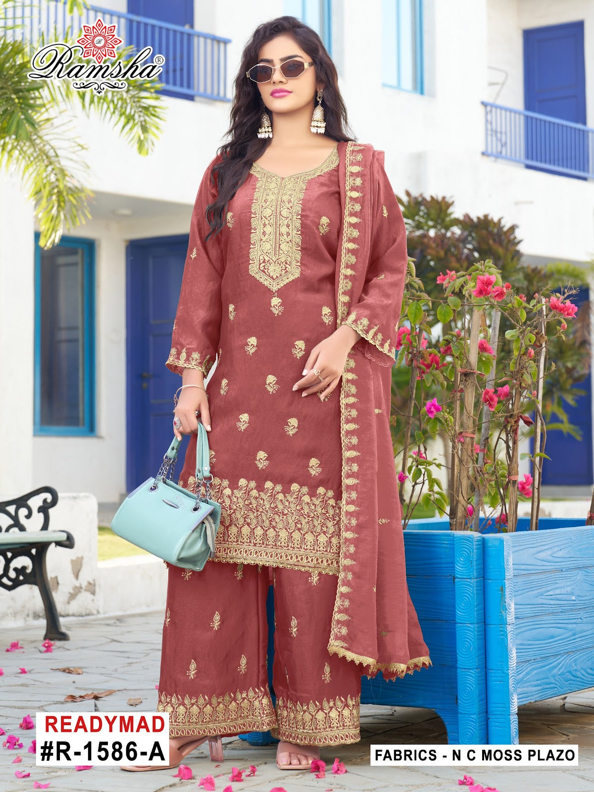 R 1586 Ramsha Nc Moss Pakistani Readymade Suits Supplier Gujarat