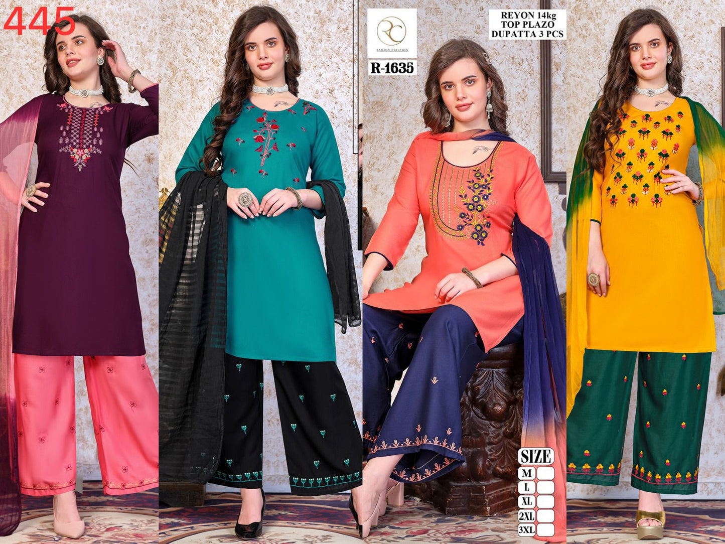 R 1634-1635 Ramdev Creation Rayon 14Kg Readymade Plazzo Style Suits Supplier Ahmedabad