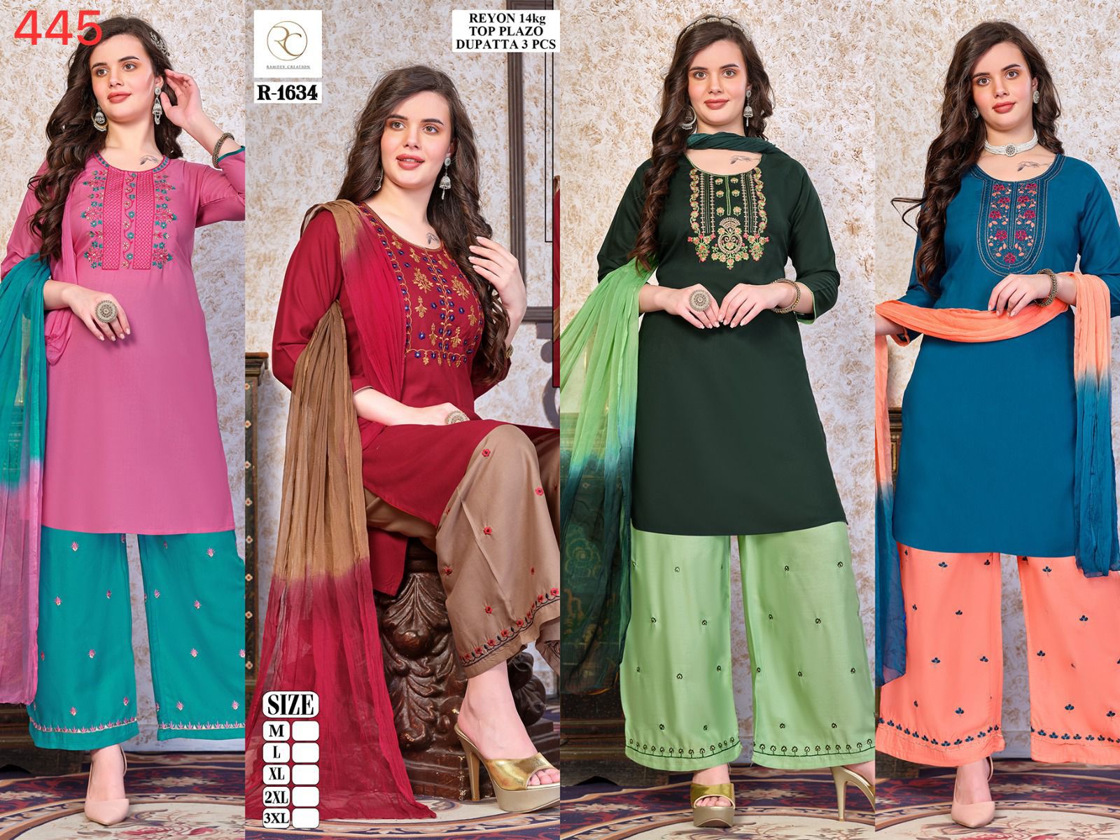 R 1634-1635 Ramdev Creation Rayon 14Kg Readymade Plazzo Style Suits Supplier Ahmedabad