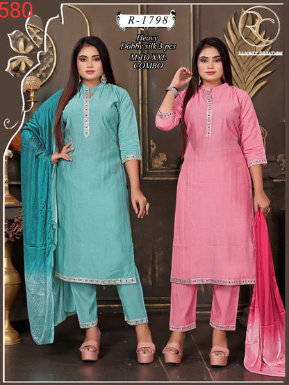 R 1798-1802 Ramdev Creation Dobby Readymade Pant Style Suits Manufacturer Ahmedabad