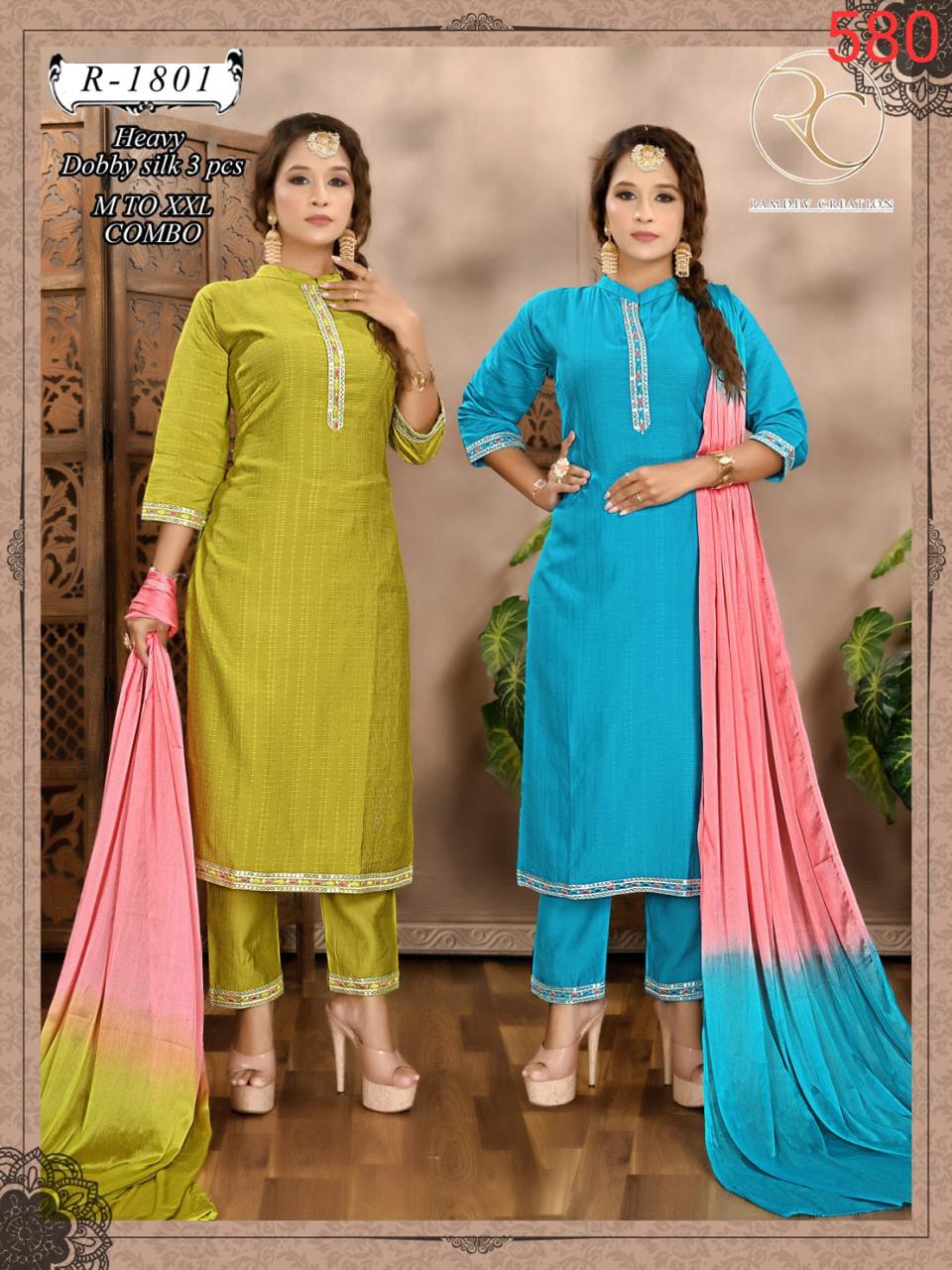 R 1798-1802 Ramdev Creation Dobby Readymade Pant Style Suits Manufacturer Ahmedabad