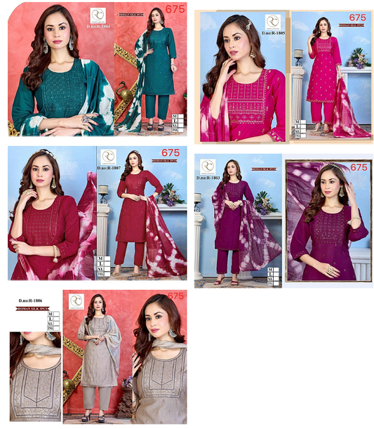 R 1803-1807 Ramdev Creation Roman Silk Readymade Pant Style Suits Wholesale Rate