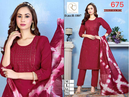 R 1803-1807 Ramdev Creation Roman Silk Readymade Pant Style Suits Wholesale Rate