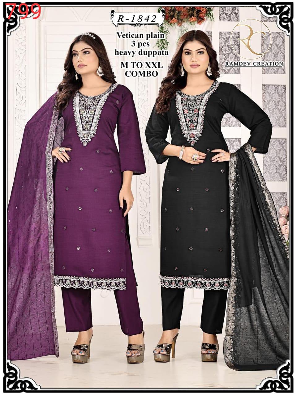 R 1842-1845 Ramdev Creation Vetican Readymade Pant Style Suits Exporter