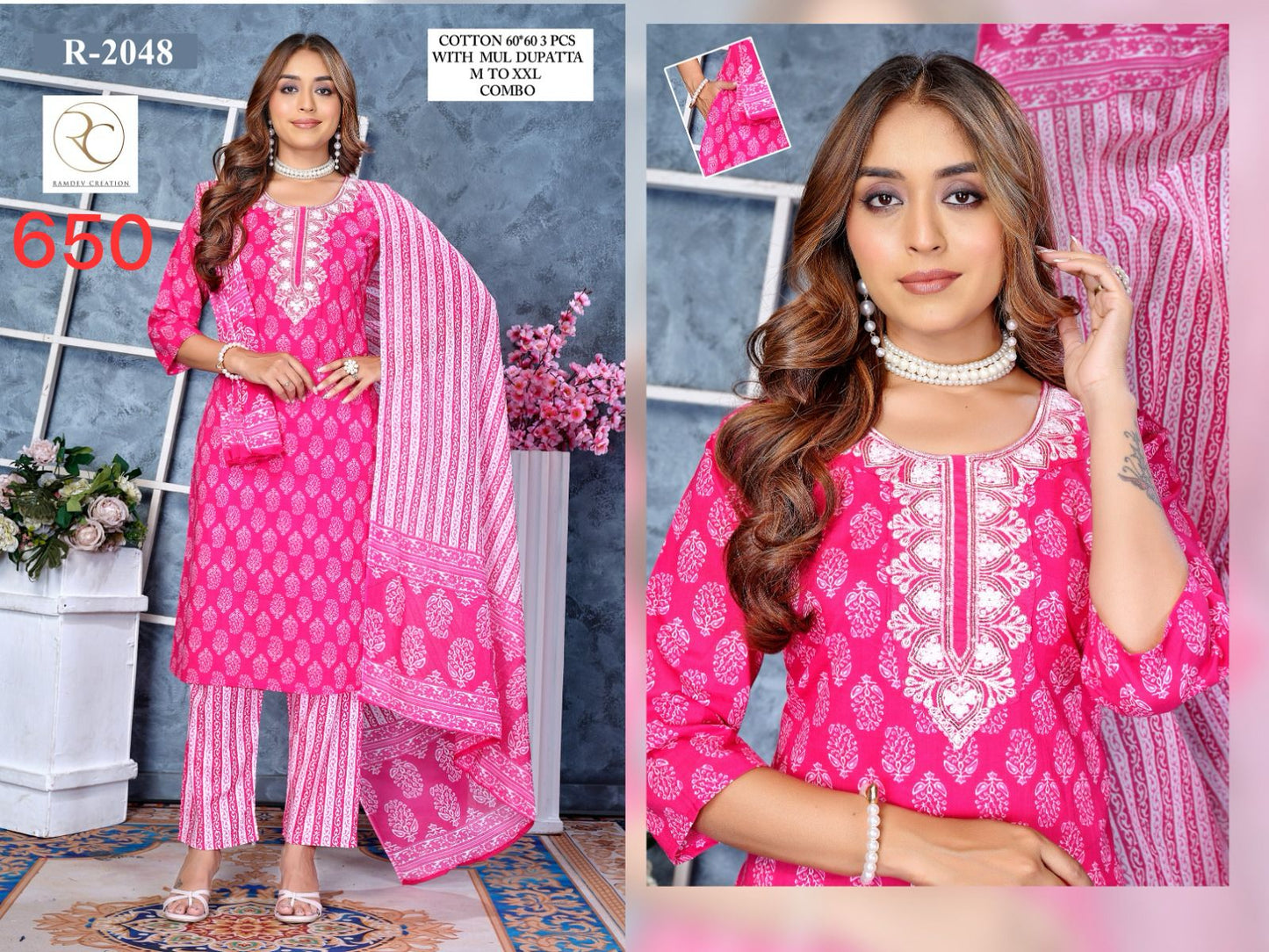R 2045-2053 Ramdev Creation Readymade Cotton Pant Suits Exporter Gujarat