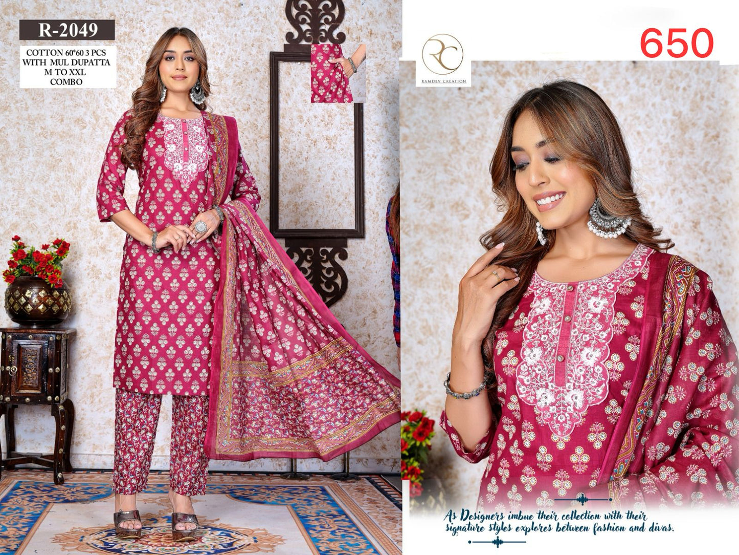 R 2045-2053 Ramdev Creation Readymade Cotton Pant Suits Exporter Gujarat