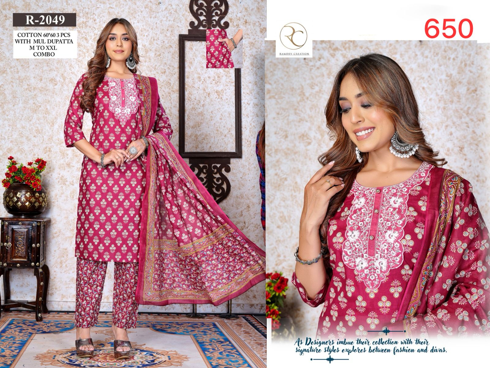 R 2045-2053 Ramdev Creation Readymade Cotton Pant Suits Exporter Gujarat