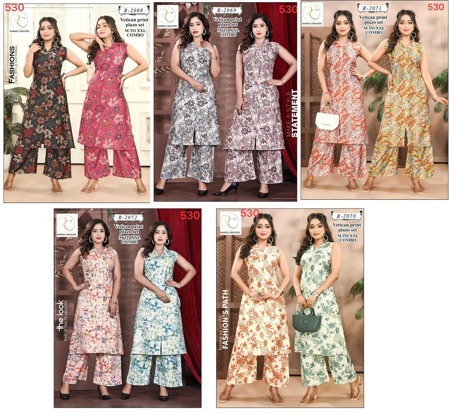 R 2068-2072 Ramdev Creation Vetican Kurti Plazzo Set Wholesaler Gujarat
