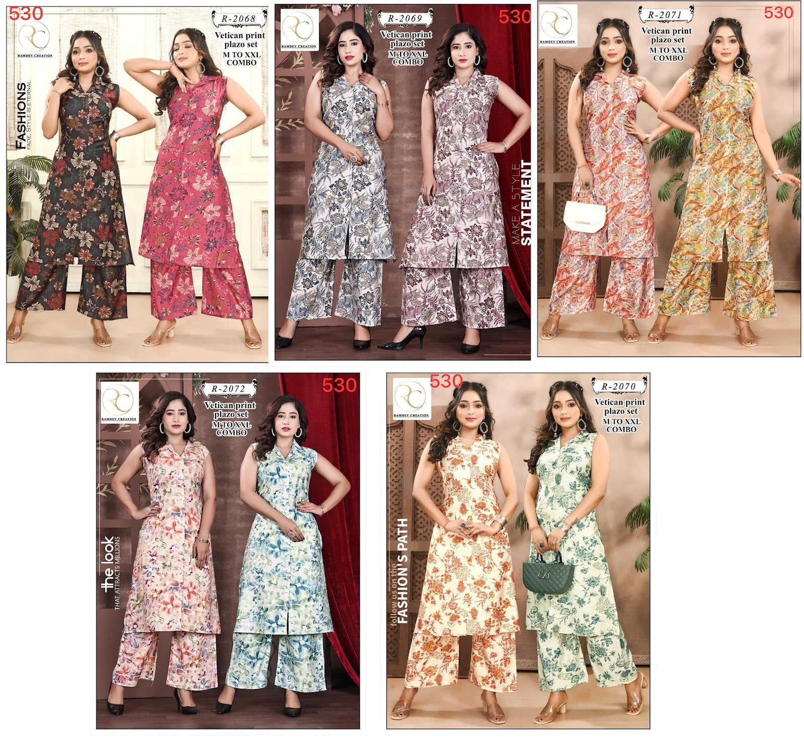 R 2068-2072 Ramdev Creation Vetican Kurti Plazzo Set Wholesaler Gujarat