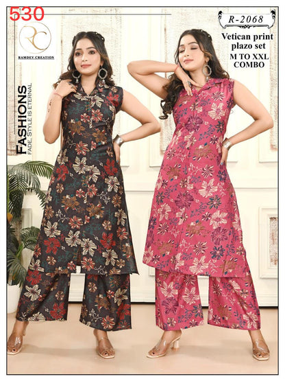 R 2068-2072 Ramdev Creation Vetican Kurti Plazzo Set Wholesaler Gujarat