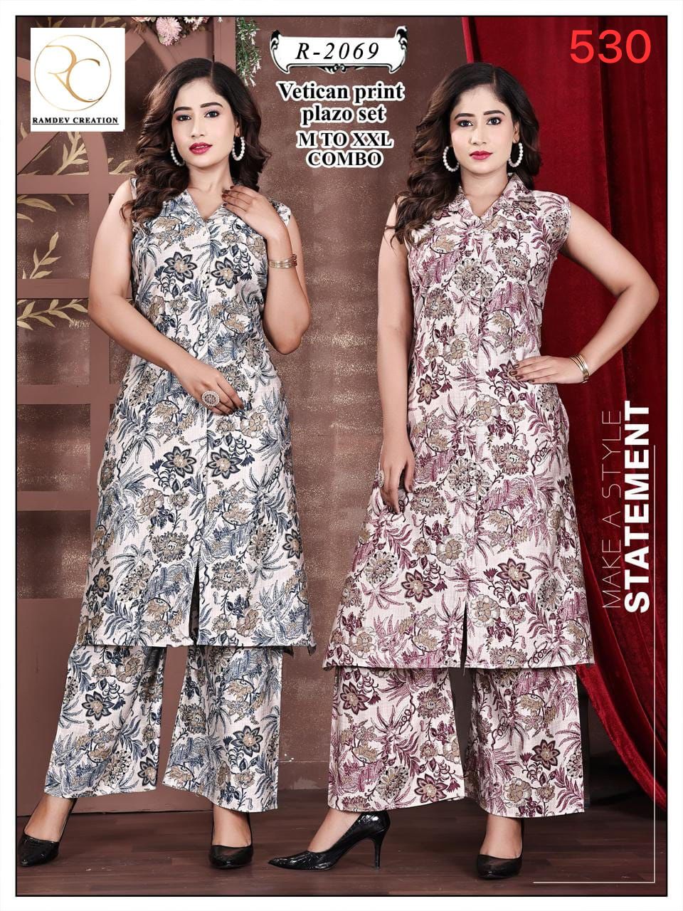 R 2068-2072 Ramdev Creation Vetican Kurti Plazzo Set Wholesaler Gujarat