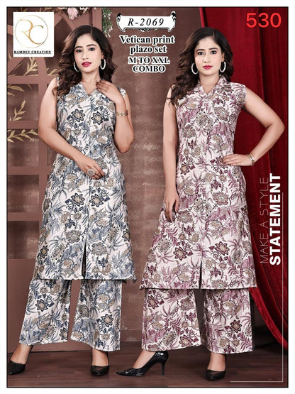 R 2068-2072 Ramdev Creation Vetican Kurti Plazzo Set Wholesaler Gujarat