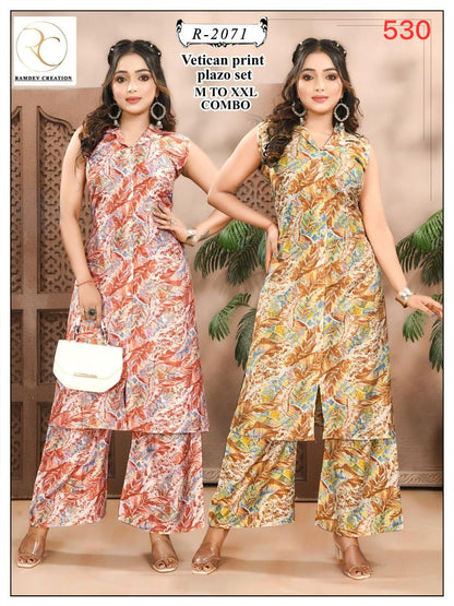 R 2068-2072 Ramdev Creation Vetican Kurti Plazzo Set Wholesaler Gujarat