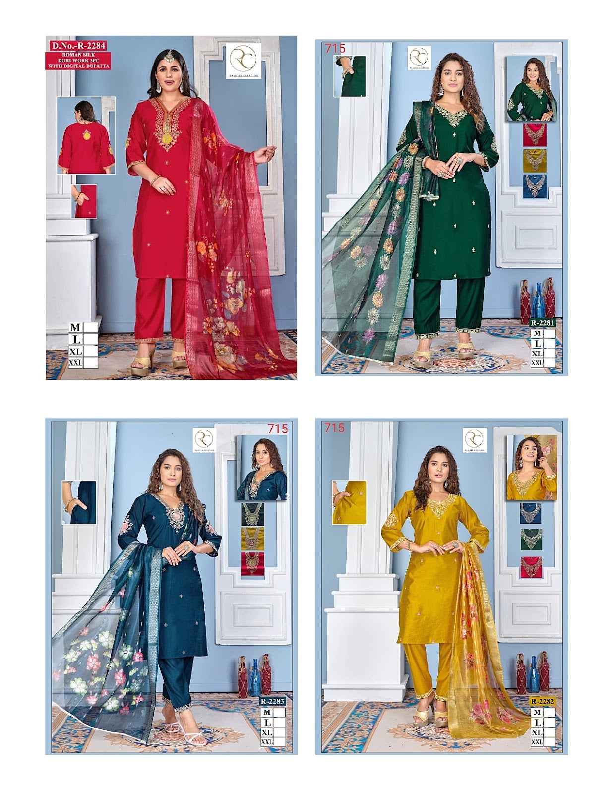 R 2281-2284 Ramdev Creation Roman Silk Readymade Pant Style Suits Exporter