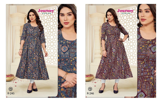 R 245-246 Journey Design Reyon Naira Cut Kurtis Wholesale Rate