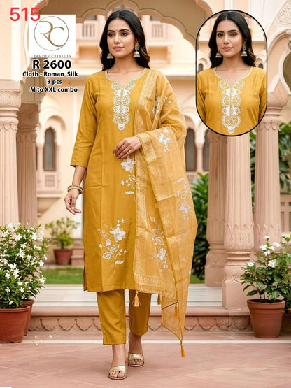 R 2600-2607 Ramdev Creation Roman Silk Readymade Pant Style Suits Wholesale Price
