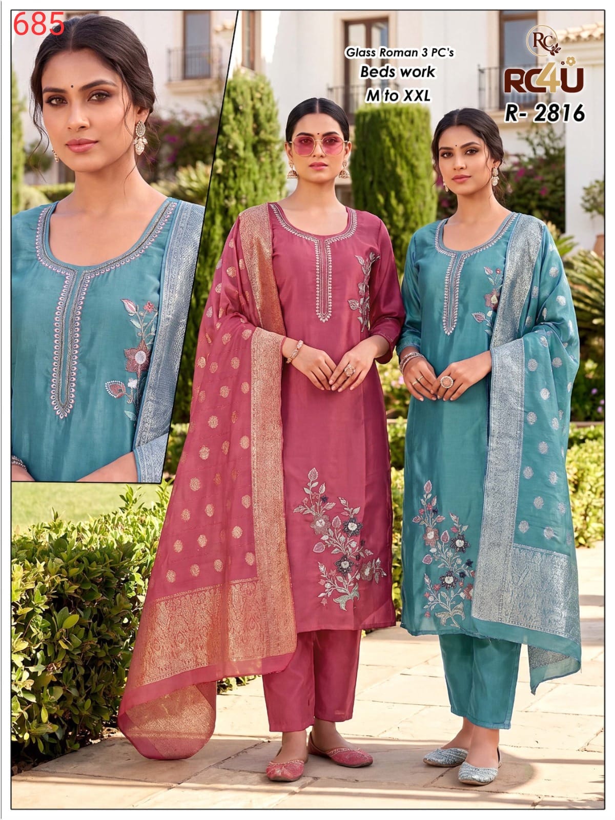 R 2813-2816 Glass Roman Ramdev Creation Readymade Pant Style Suits Wholesale Price