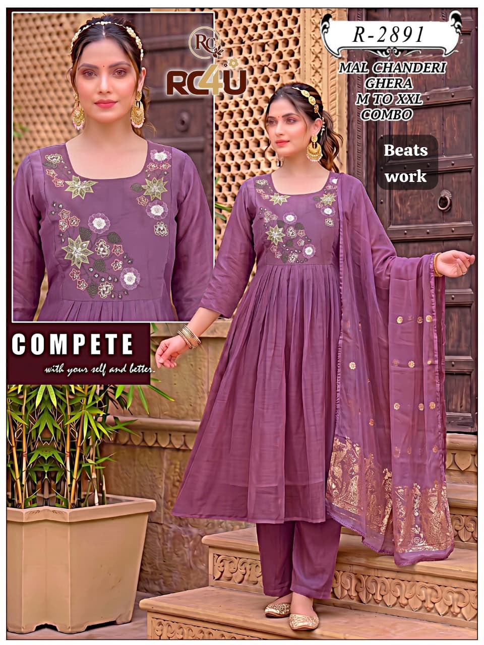 R 2887-2891 Beats Work Ramdev Creation Chanderi Readymade Anarkali Suits Supplier India