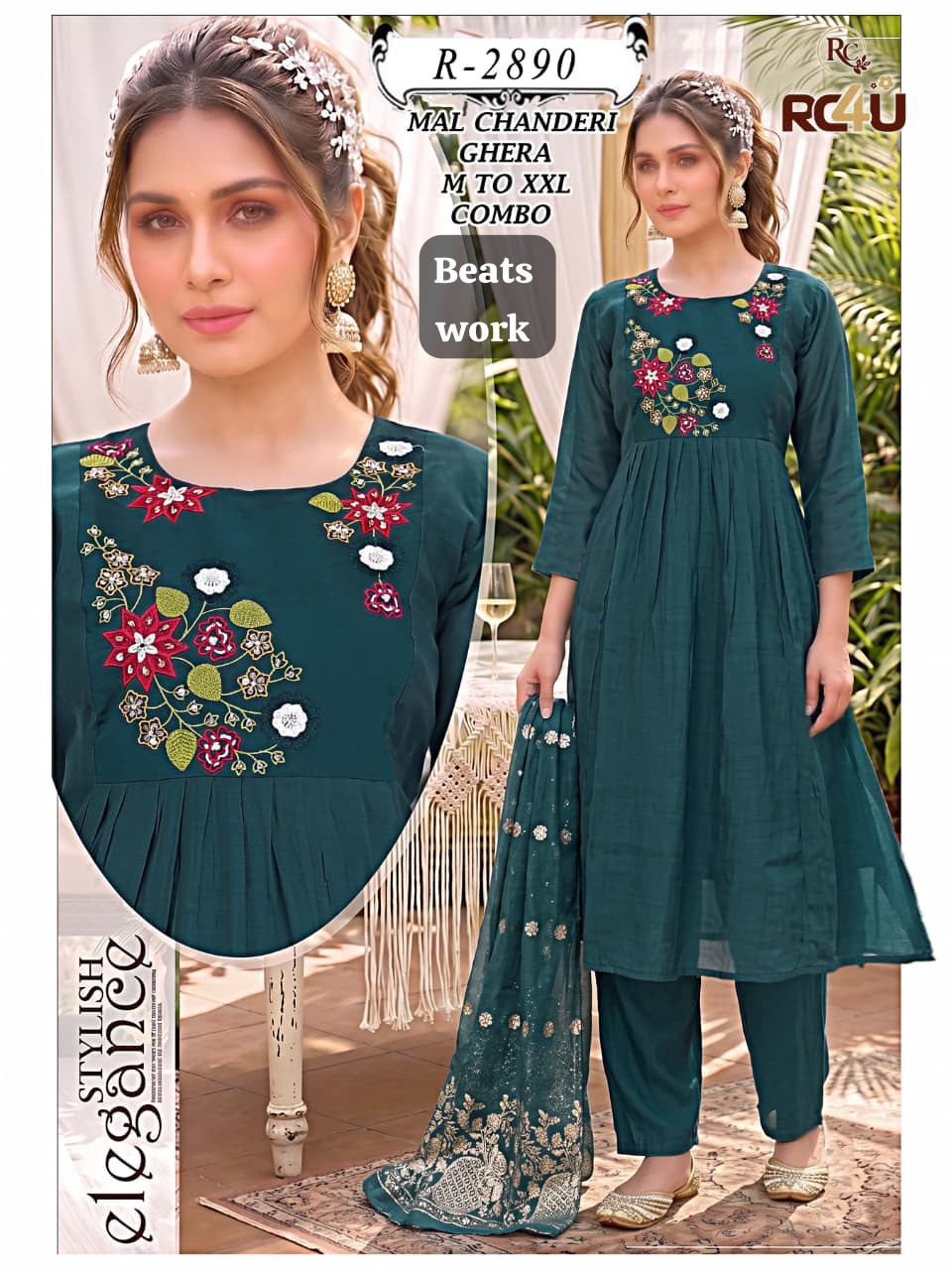 R 2887-2891 Beats Work Ramdev Creation Chanderi Readymade Anarkali Suits Supplier India