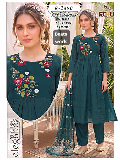 R 2887-2891 Beats Work Ramdev Creation Chanderi Readymade Anarkali Suits Supplier India