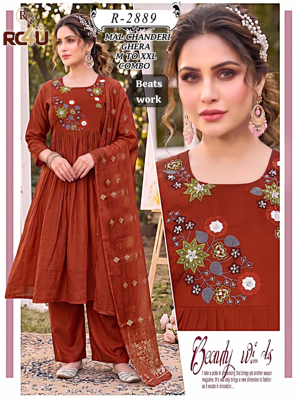 R 2887-2891 Beats Work Ramdev Creation Chanderi Readymade Anarkali Suits Supplier India