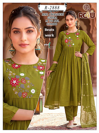 R 2887-2891 Beats Work Ramdev Creation Chanderi Readymade Anarkali Suits Supplier India