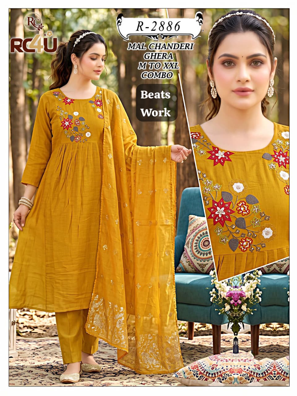 R 2887-2891 Beats Work Ramdev Creation Chanderi Readymade Anarkali Suits Supplier India