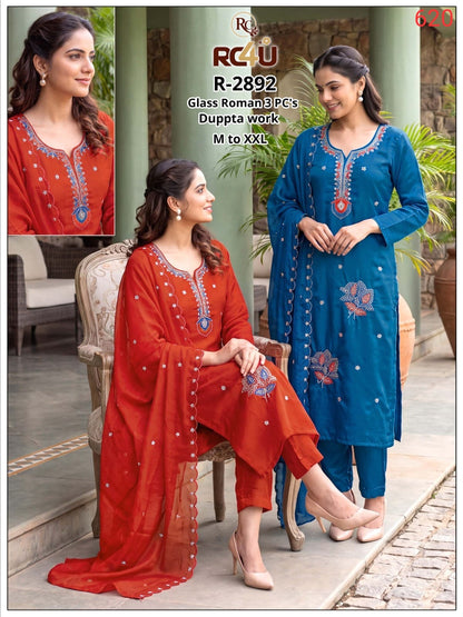 R 2892-2894 Ramdev Creation Roman Readymade Pant Style Suits Supplier India