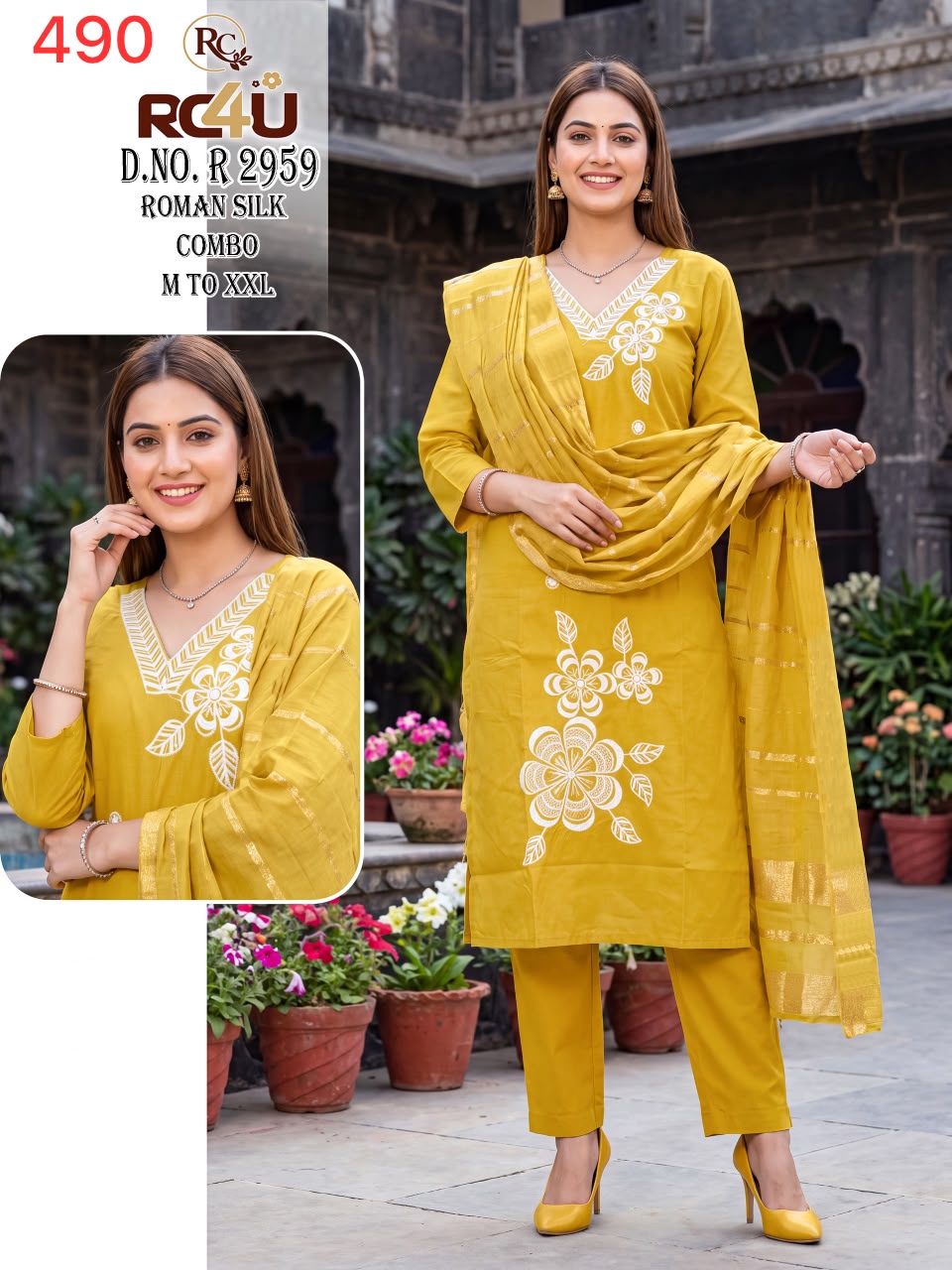 R 2958-2965 Ramdev Creation Roman Silk Readymade Pant Style Suits Supplier Ahmedabad