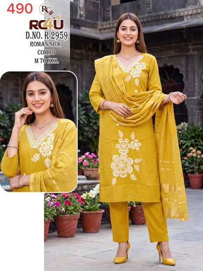 R 2958-2965 Ramdev Creation Roman Silk Readymade Pant Style Suits Supplier Ahmedabad