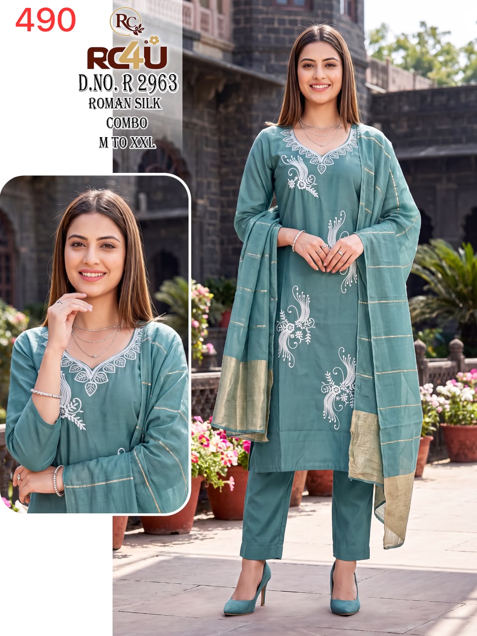 R 2958-2965 Ramdev Creation Roman Silk Readymade Pant Style Suits Supplier Ahmedabad