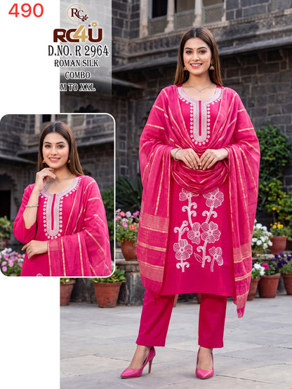 R 2958-2965 Ramdev Creation Roman Silk Readymade Pant Style Suits Supplier Ahmedabad