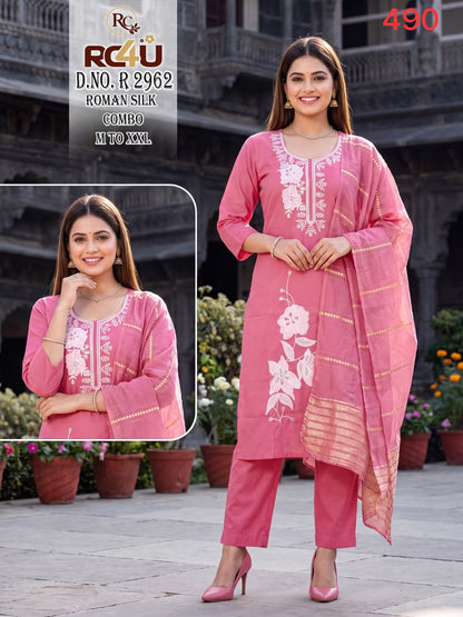 R 2958-2965 Ramdev Creation Roman Silk Readymade Pant Style Suits Supplier Ahmedabad