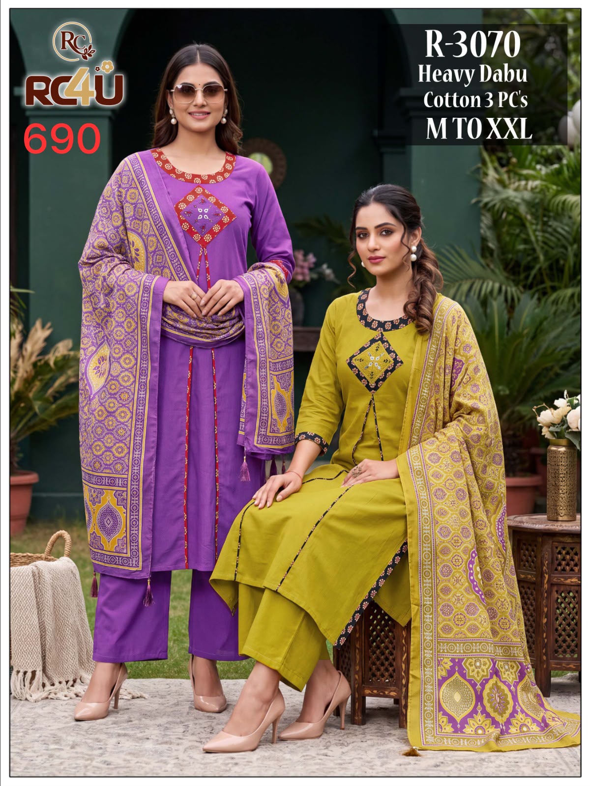 R 3071-3072 Ramdev Creation Dhabu Cotton Readymade Pant Style Suits Wholesaler Ahmedabad