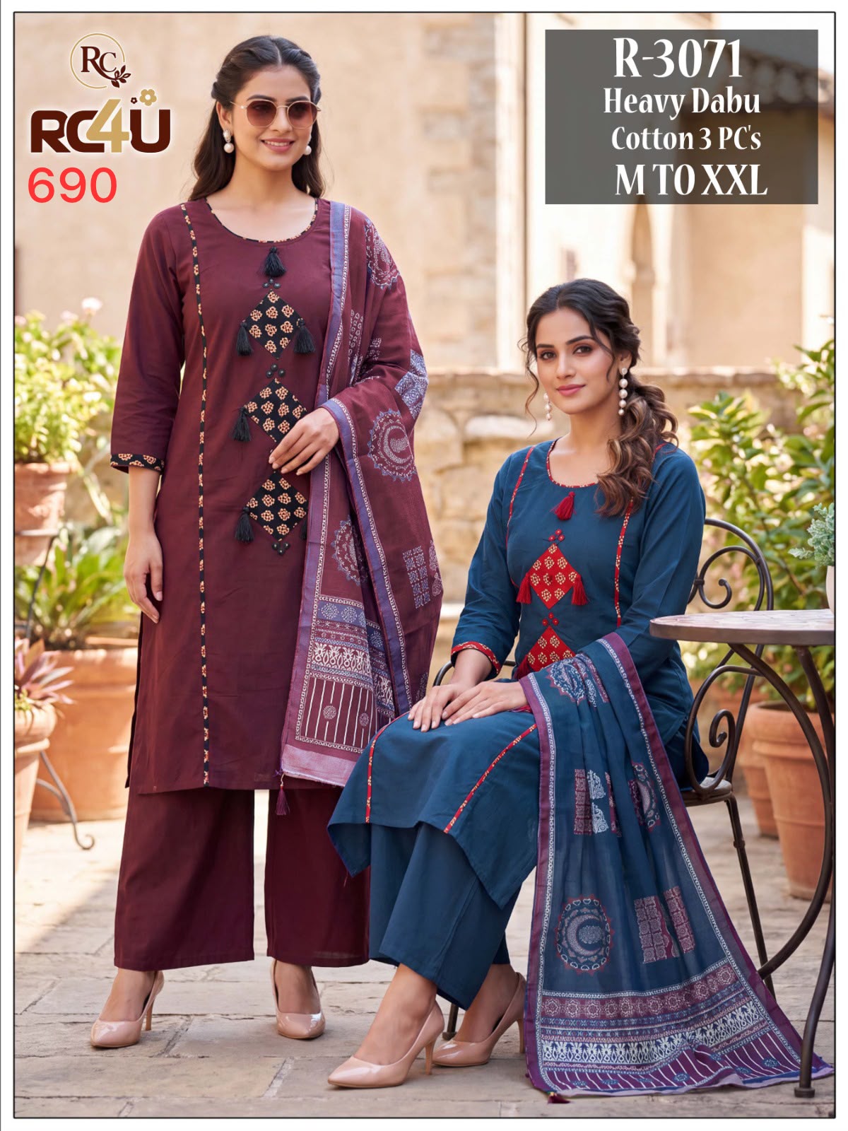 R 3071-3072 Ramdev Creation Dhabu Cotton Readymade Pant Style Suits Wholesaler Ahmedabad